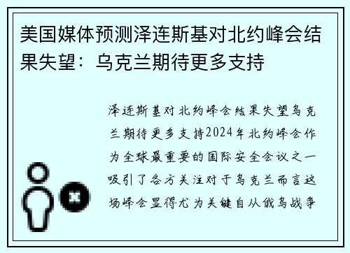 美国媒体预测泽连斯基对北约峰会结果失望：乌克兰期待更多支持