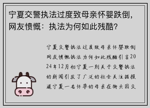 宁夏交警执法过度致母亲怀婴跌倒，网友愤慨：执法为何如此残酷？