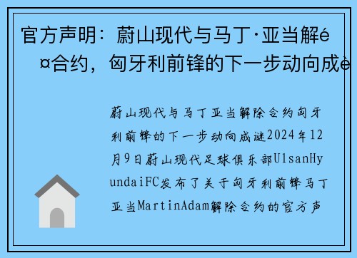 官方声明：蔚山现代与马丁·亚当解除合约，匈牙利前锋的下一步动向成谜