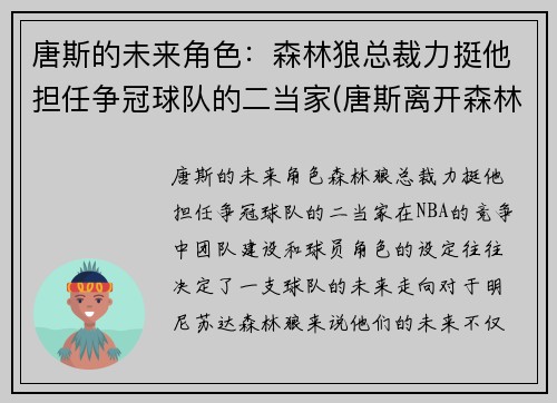 唐斯的未来角色：森林狼总裁力挺他担任争冠球队的二当家(唐斯离开森林狼)