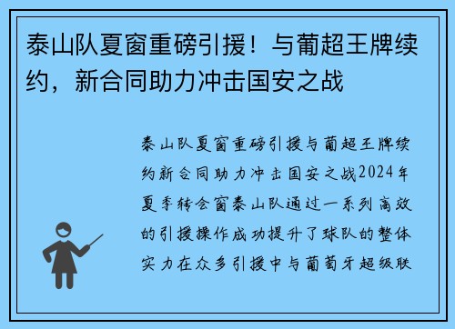 泰山队夏窗重磅引援！与葡超王牌续约，新合同助力冲击国安之战