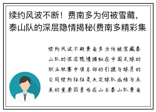 续约风波不断！费南多为何被雪藏，泰山队的深层隐情揭秘(费南多精彩集锦)