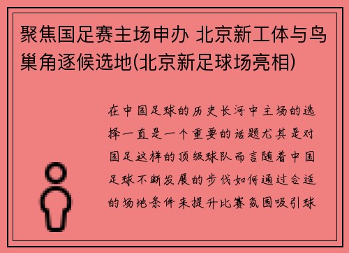 聚焦国足赛主场申办 北京新工体与鸟巢角逐候选地(北京新足球场亮相)