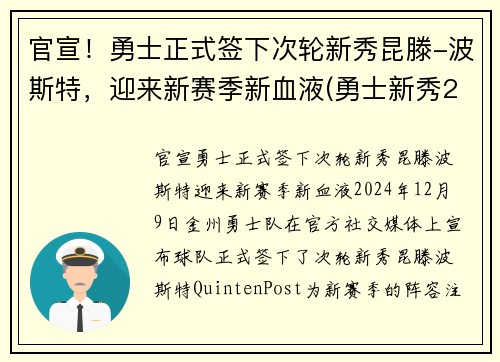 官宣！勇士正式签下次轮新秀昆滕-波斯特，迎来新赛季新血液(勇士新秀2020)