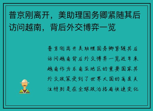 普京刚离开，美助理国务卿紧随其后访问越南，背后外交博弈一览
