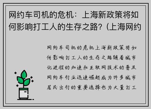 网约车司机的危机：上海新政策将如何影响打工人的生存之路？(上海网约车司机现状)